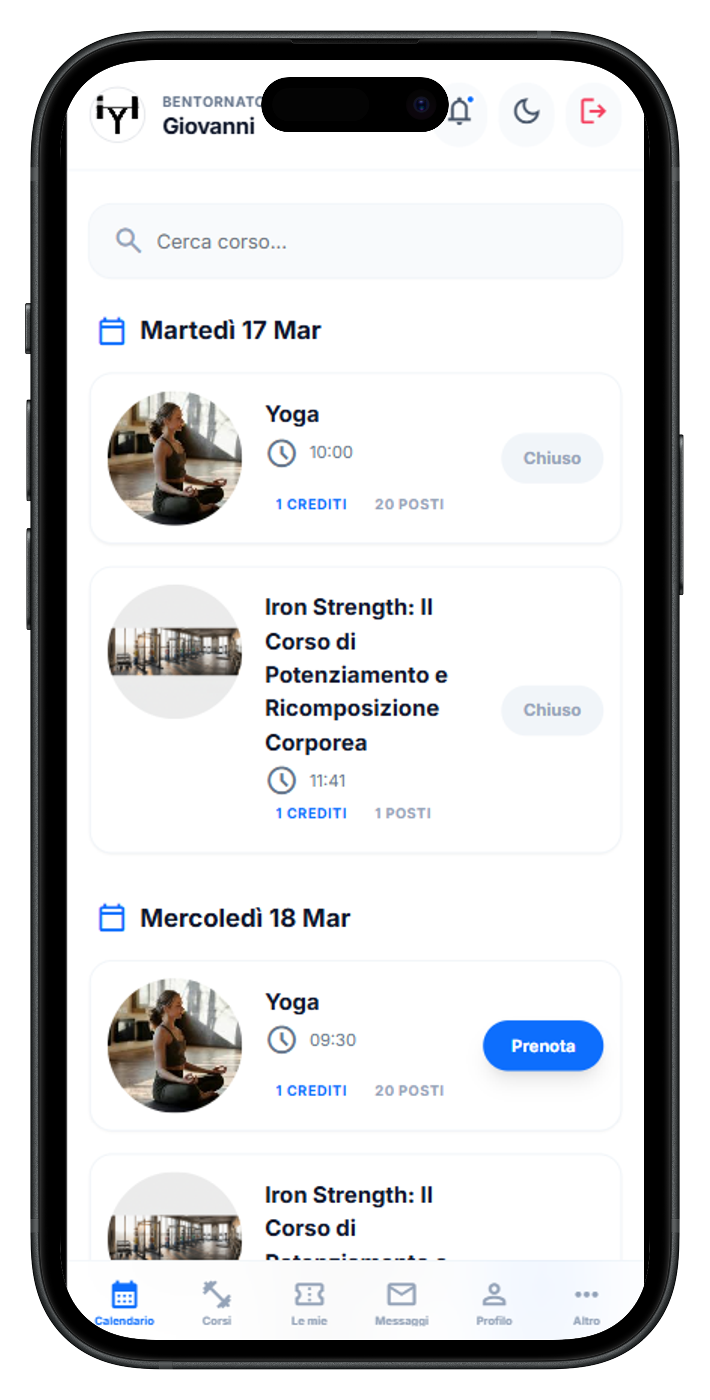 App mobile SimplyGym - prenotazione corsi e check-in per i soci della palestra